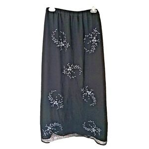 Blair Boutique Midi Skirt 2X Black Embroidered Sheer Overlay Elastic Waist Lined